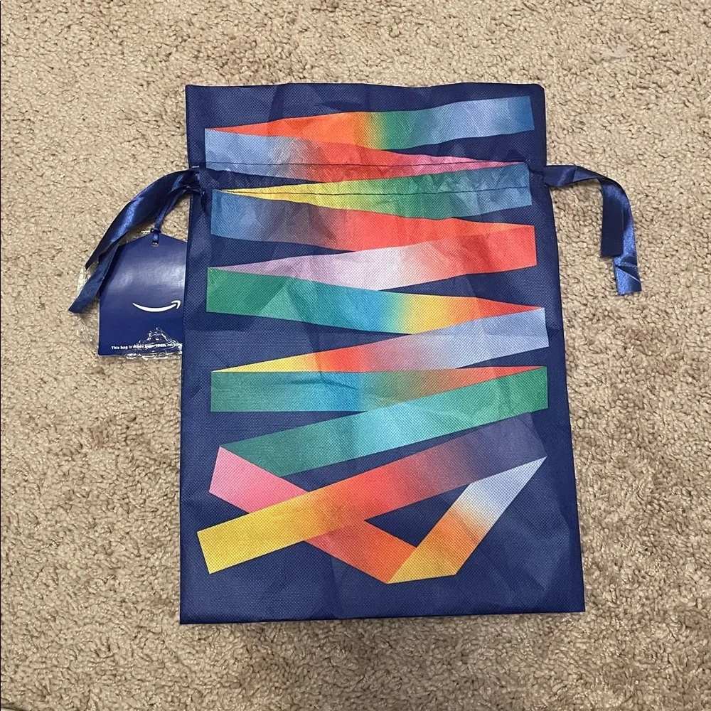 EUC Amazon Multicolor Reusable Gift Bag with Blue satin-like Drawstring Strap
